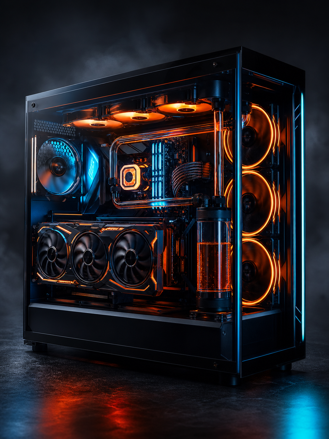 Custom gaming PC build with orange and cyan RGB lighting and liquid cooling, Phoenix AZ